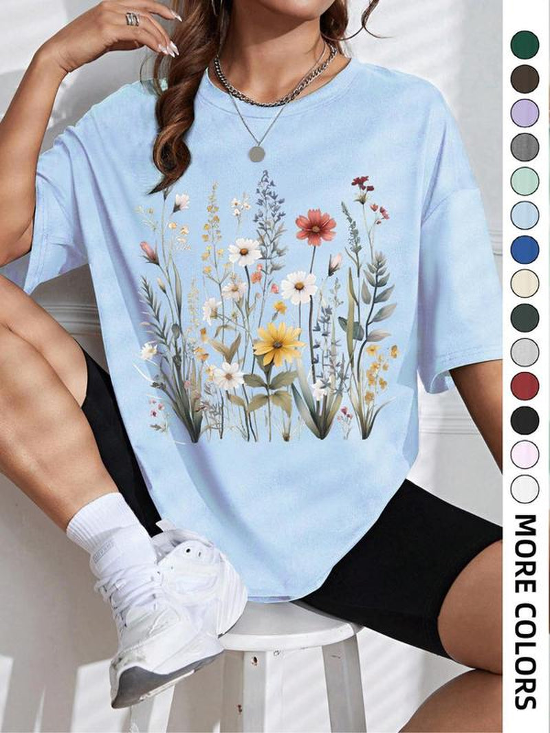 Women'S Floral Print round Neck Tee, Casual Drop Shoulder Short Sleeve T-Shirt, Ladies Summer Clothes, Tops for Women, Clothing